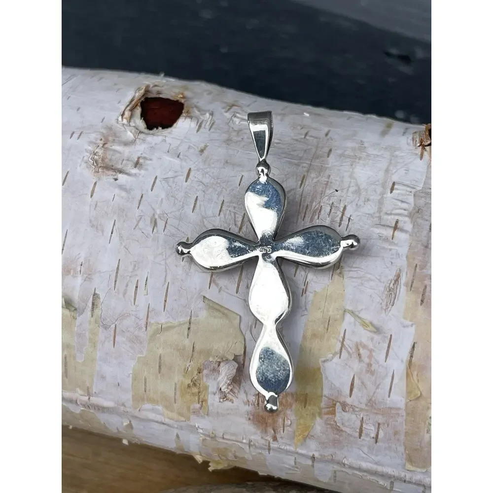 Large 2” Sterling Silver Aurora Opal Cross Pendant Pink Blue Fire 925 Gift FAITH - Picture 7 of 9